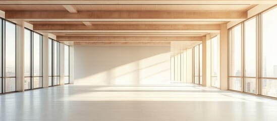 Fototapeta premium Sunlit Modern Interior Space with Wooden Beams and Large Windows in Light Tones Ideal for Expert Consultation on Building Projects
