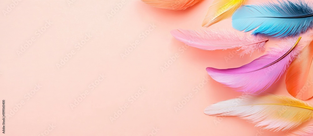 Poster colorful feathers flowing gracefully over a soft pastel peach background with ample empty space for 