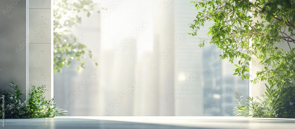 Poster bright sunlight filtering through modern architecture with lush greenery in the foreground, creating