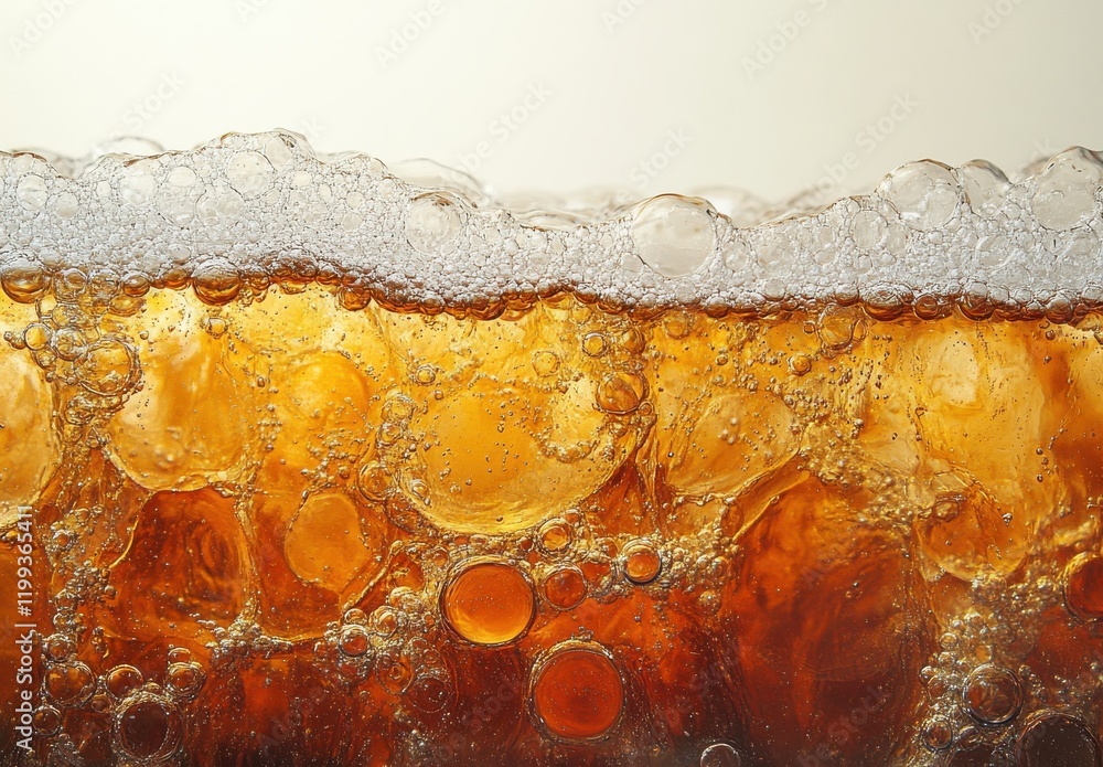 Poster close-up of amber carbonated beverage with bubbles and foam captured against soft background for ref