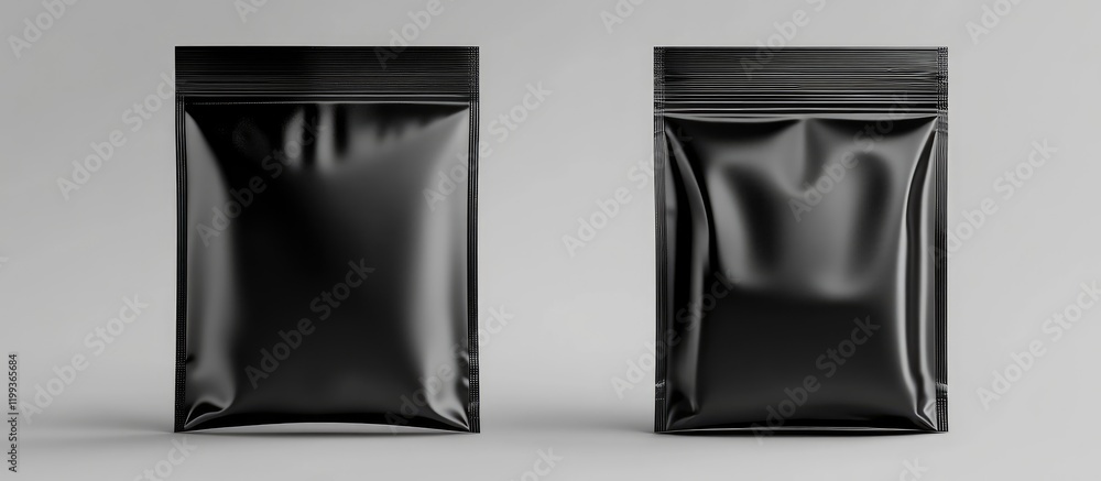 Poster realistic mockup of black zip bag against smooth grey background, front and side views for product p