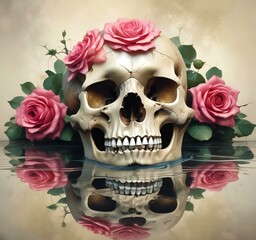 Illustration of human skull with roses.