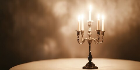 Fototapeta premium Elegant silver candelabra with lit candles on a round white table in a softly illuminated dining setting with a blurred warm background