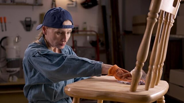 Furniture renovation, diy and hobby. woman cleaning old wooden chair with rag
