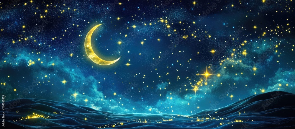 Poster enchanting starry night sky with crescent moon over serene ocean waves and space for custom text in 