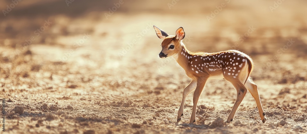 Poster spotted fawn gracefully walking through a warm dry field at golden hour with soft natural light and 