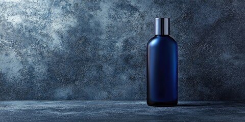 Refined blue glass bottle with silver cap on textured metallic background providing ample empty copy space for branding and product information