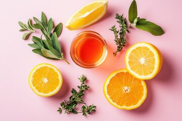 Vibrant cocktail ingredients arranged on a pastel background for drink creation