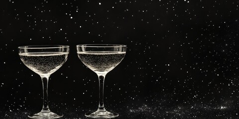 Elegant champagne glasses filled with sparkling beverage set against a black night sky filled with stars and empty copy space for text.