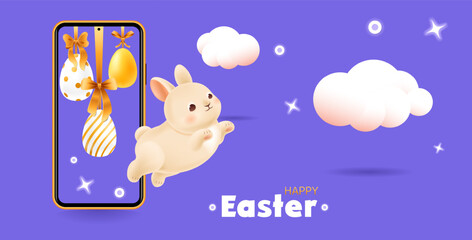 Happy Easter web greeting banner. Smiling bunny jumping out of smartphone. Festive Easter eggs hanging on gift ribbon on screensaver. Decorative clouds and neon objects. Vector illustration