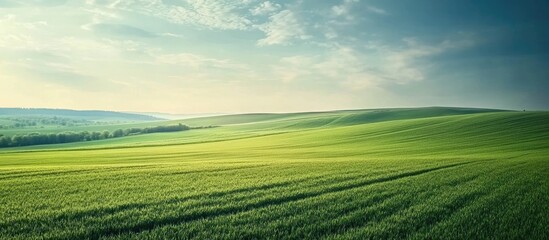 Obraz premium Energizing Electric Pylon Against Lush Green Fields Under a Clear Blue Sky with Expansive Copy Space for Text