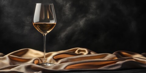 Champagne glass on reflective surface with gold fabric in dark studio setting