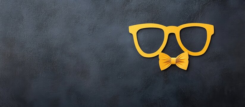 Father's Day Greeting Card Design Featuring Yellow Paper Cut Glasses Bow Tie and Mustache on Textured Black Chalkboard Background with Copyspace for Personalization