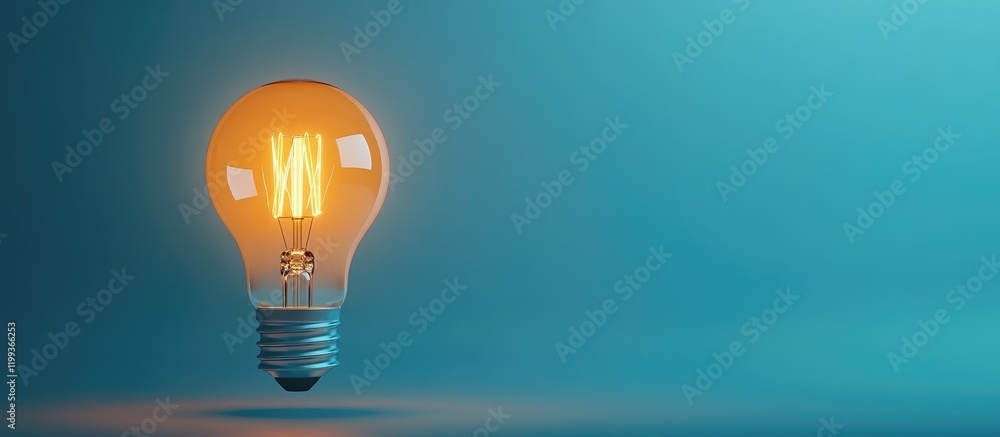 Poster illuminated vintage light bulb on gradient turquoise background with copy space for text in electric