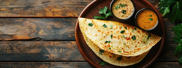 Dosa served on a brown plate with chutney bowls, vibrant green garnish, placed on a rustic wooden table, overhead view with blank text space.