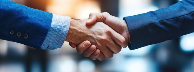 Double exposure of business partners shaking hands in blue suit and skin tones, cityscape background with blurred lights and empty text space
