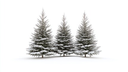 Fototapeta premium Three snow-covered evergreen trees standing in a row isolated on a white background