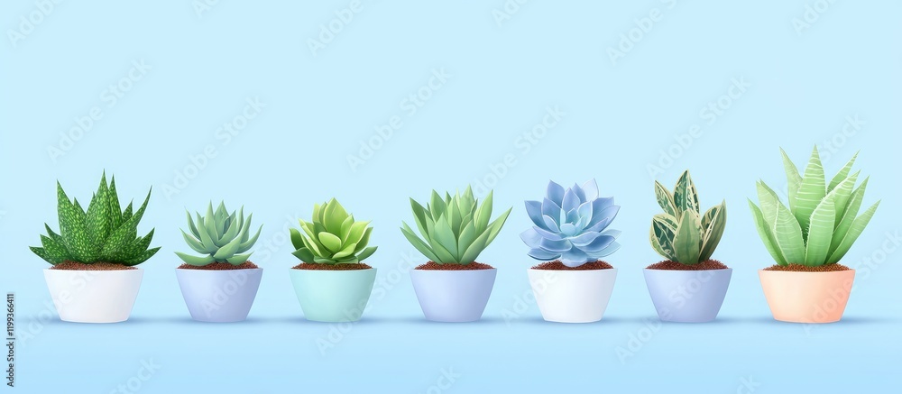 Poster colorful assortment of exotic succulent plants in round and triangular pots on soft blue background 