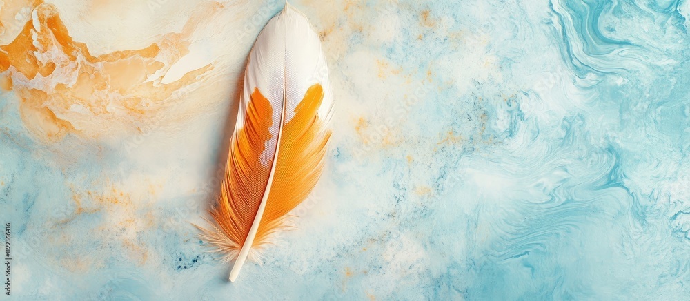 Poster feather in soft amber and light blue marble background with blank space for text and elegant natural