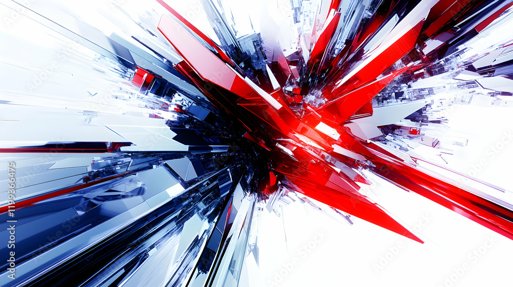 Poster abstract red and blue geometric shapes exploding outwards, creating a dynamic and energetic composit