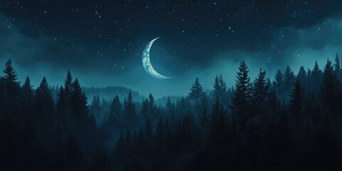 Naklejka premium Nighttime Forest Scene with Moon and Evergreen Trees, Starry Sky, Suitable for Seasonal Text Overlay, Cool Blue and Green Tones