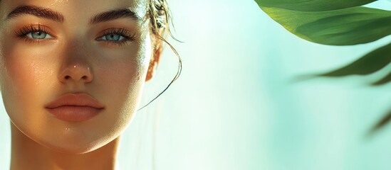 Sun kissed female model with smooth skin in spa setting surrounded by greenery bright natural light high quality 4K photo with empty copyspace