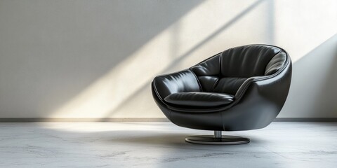 Stylish black leather armchair positioned in a bright minimalist interior with soft natural light and ample negative space for text or branding.