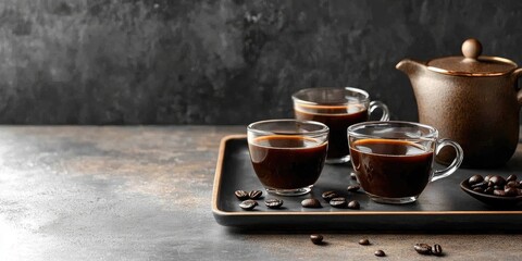 Elegant coffee tasting set featuring dark beverages in glass cups with coffee beans on a rustic tray against a textured dark background.