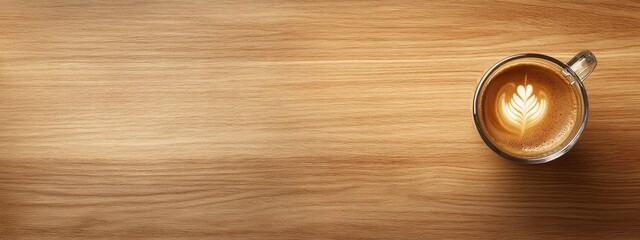 Double Espresso in Glass Cup on Wooden Table with Blank Space for Text or Advertising