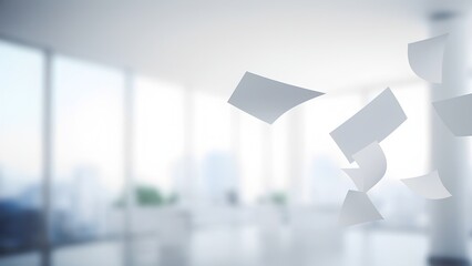Office papers flying during a busy workday modern office digital art bright environment dynamic perspective productivity concept