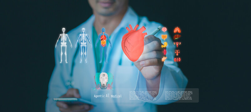 Medical Agentic AI artificial intelligence. robotic processes automation data analysis technology development innovation for diagnosing increasing the accuracy of patient treatmen