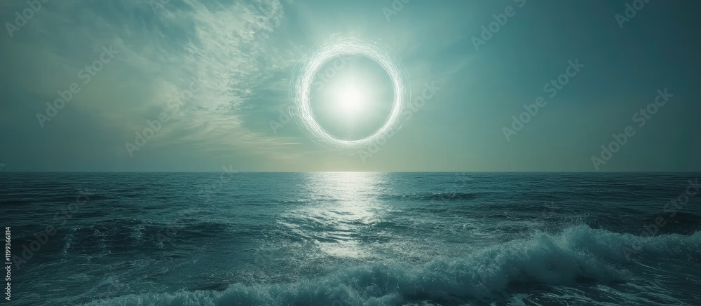 Aufkleber serene ocean energy wave circle reflecting morning sunlight under a tranquil sky with soft clouds an