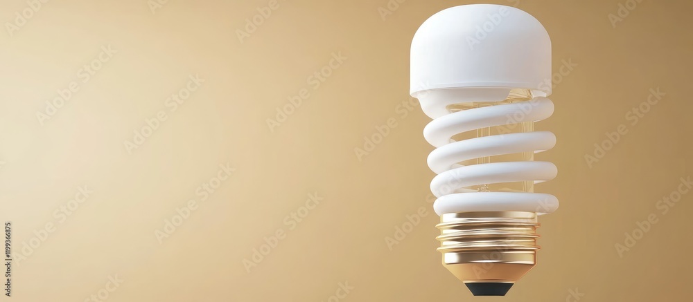 Poster energy efficient spiral light bulb in white and gold against soft beige background with ample copy s