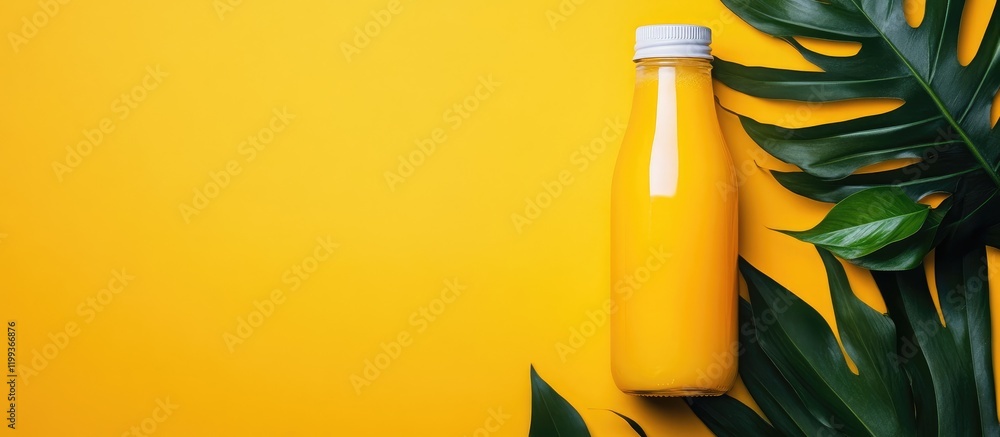 Poster tropical mango flavored energy drink bottle placed on vibrant yellow background with green palm leav