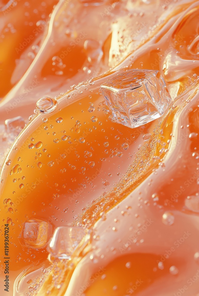 Poster close-up of refreshing orange liquid with ice cubes and bubbles creating a vibrant and inviting beve