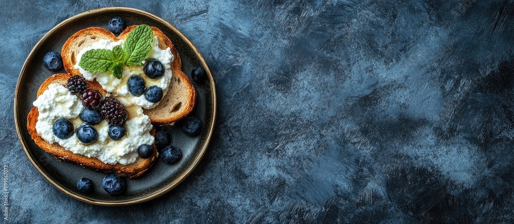 Poster delicious ricotta toast topped with fresh blueberries and mint leaves on a dark textured background 