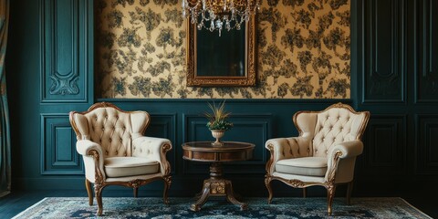 Classic Luxury Interior with Cream Armchairs Vintage Chandelier and Floral Wallpaper in Elegant Green and Gold Tones Empty Space for Text
