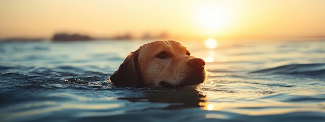 Active Labrador dog swimming in calm blue water at golden sunset with expansive empty space for text and silhouettes of distant land in background