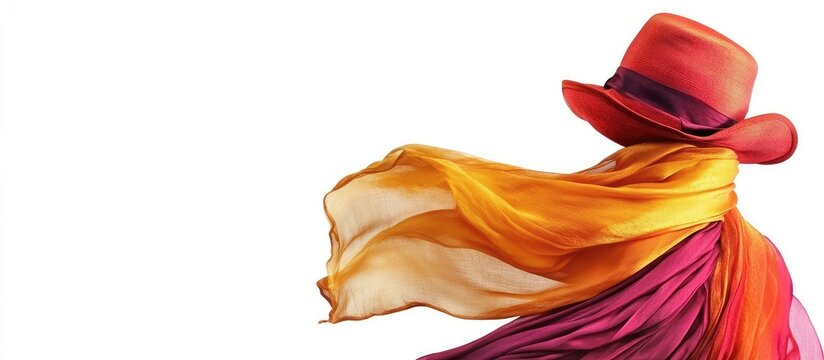 Woman in red and orange hat with flowing silk scarf on white background with ample copyspace for text and minimalistic style