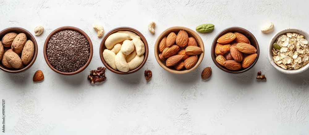 Poster natural energy efficient diet with assorted nuts and grains in earthy tones on white surface with co