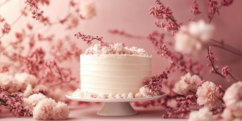Fototapeta premium Delicate white cake adorned with pink floral arrangements in soft ambient light on a pastel background with ample copy space for text.