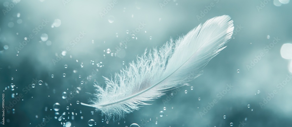 Poster delicate white feather suspended amidst a blue mist of floating bubbles with soft focus backdrop and