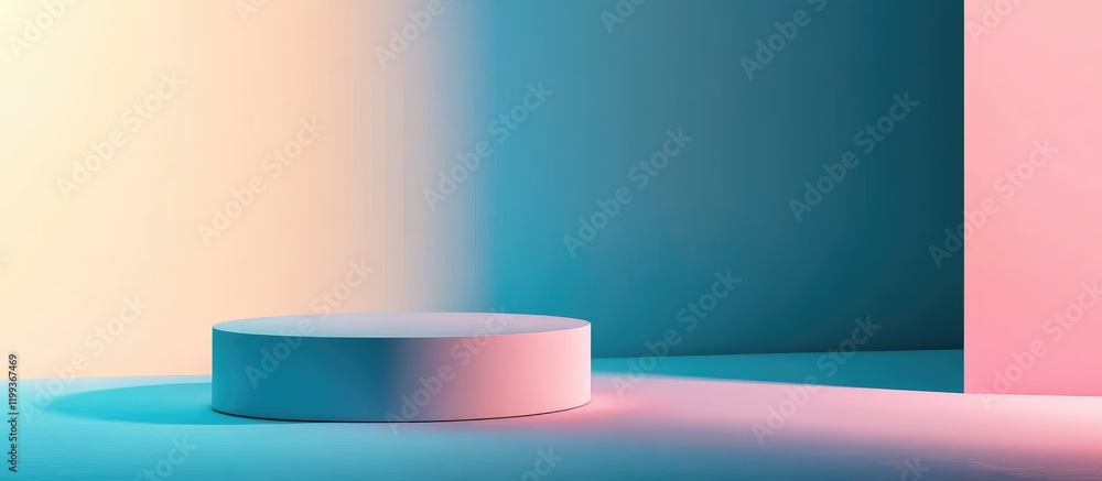 Aufkleber minimalist product display platform in soft pink and blue lighting with ample negative space for tex