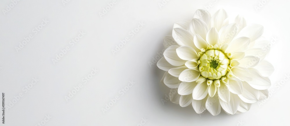 Poster elegant white flower in minimalist white frame displayed on clean white wall with ample negative spa