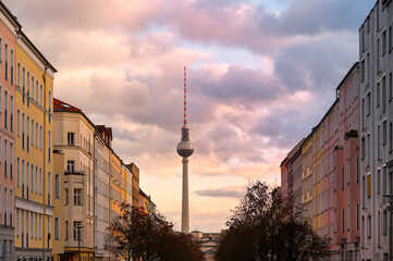 Streets of Berlin with architecture and Berliner Fernsehturm or Television Tower