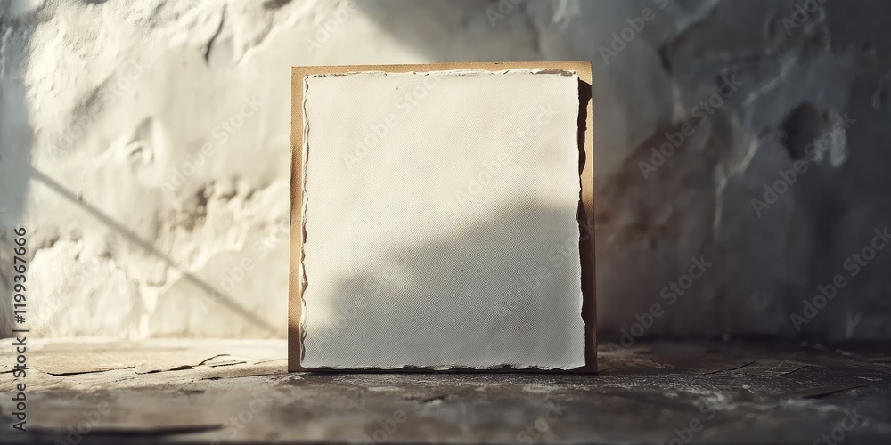 Poster close-up of vintage white paper in minimalist cardboard frame on textured surface with soft sunlight