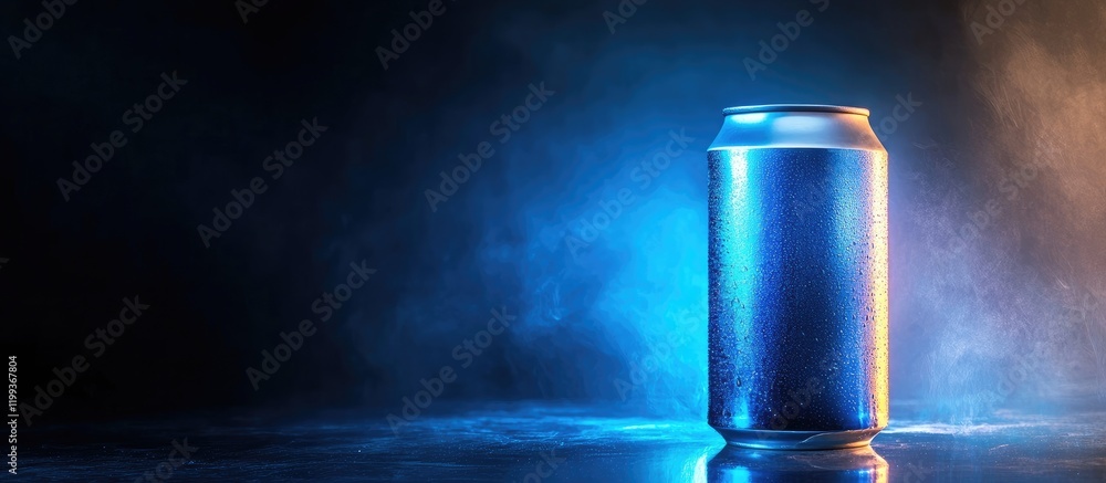 Poster energy drink can illuminated by vibrant blue and black lighting on a high-speed background with ampl