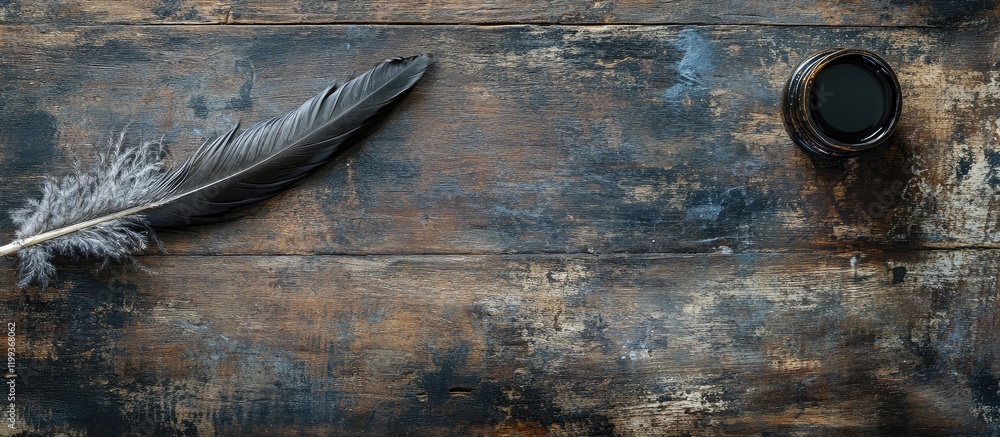 Aufkleber elegant feather quill and vintage inkwell gracefully positioned on a weathered rustic wooden desk cr