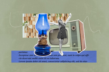 Template poster trend artwork 3D photo collage of young woman dance retro television display book...