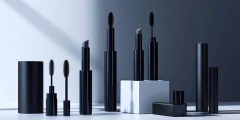 Obraz premium High-Quality Black Mascara Tubes in Glossy and Matte Finishes on White Surface with Empty Copy Space for Customization and Branding Applications